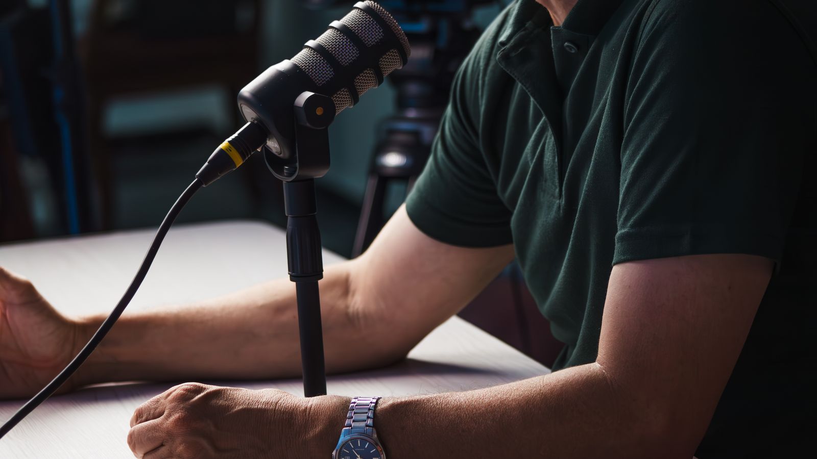 Podcast microphone and recording setup representing one piece of source content